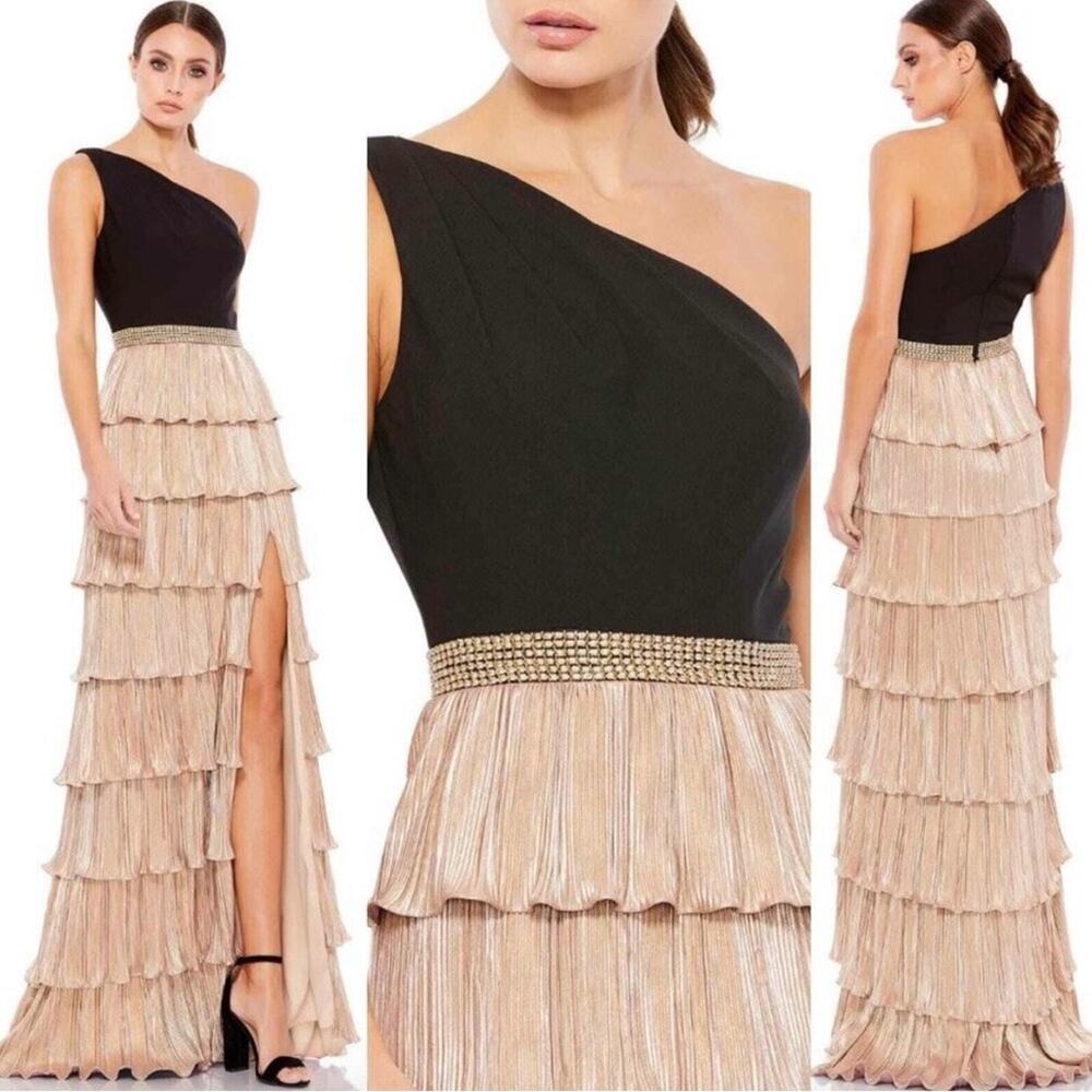 Mac Duggal Black and Gold One-Shoulder Tiered Evening Gown